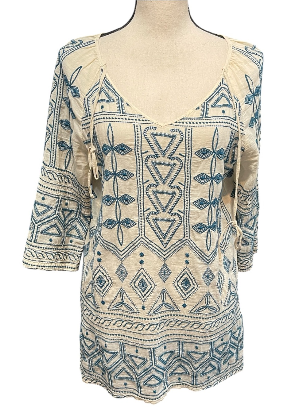 Johnny Was Embroidered Geometric Print Peasant Tunic Boho Hippie Tunic Top Small